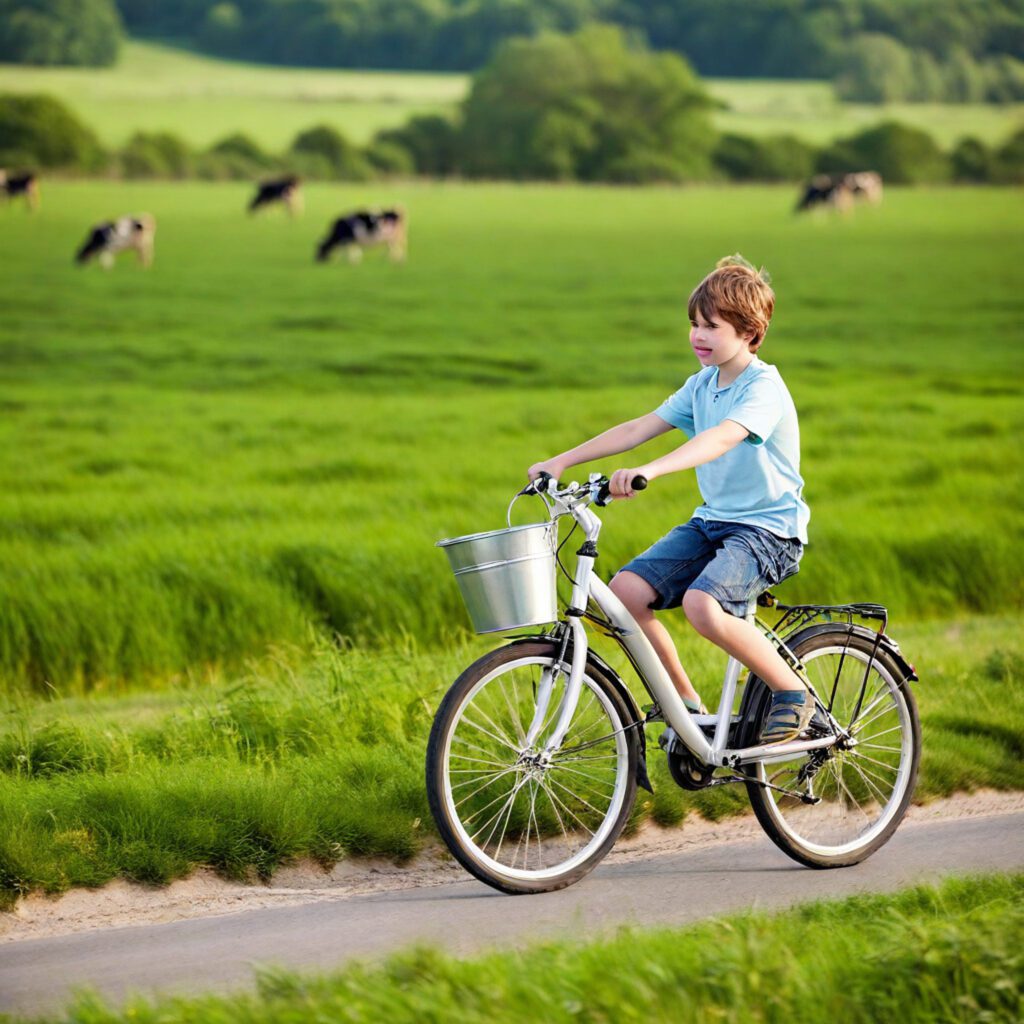 A boy riding a bicycle along a country road carrying a metal pail